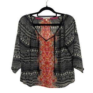 Hollywould Bohemian Sheer Blouse Top Size Small S - Floral Geometric Peasant